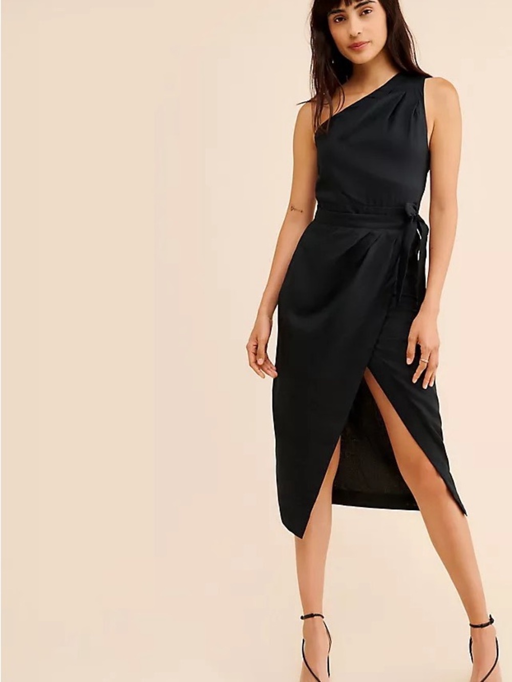 NWT Anthropologie Black Linen One-Shoulder Wrap Midi Dress